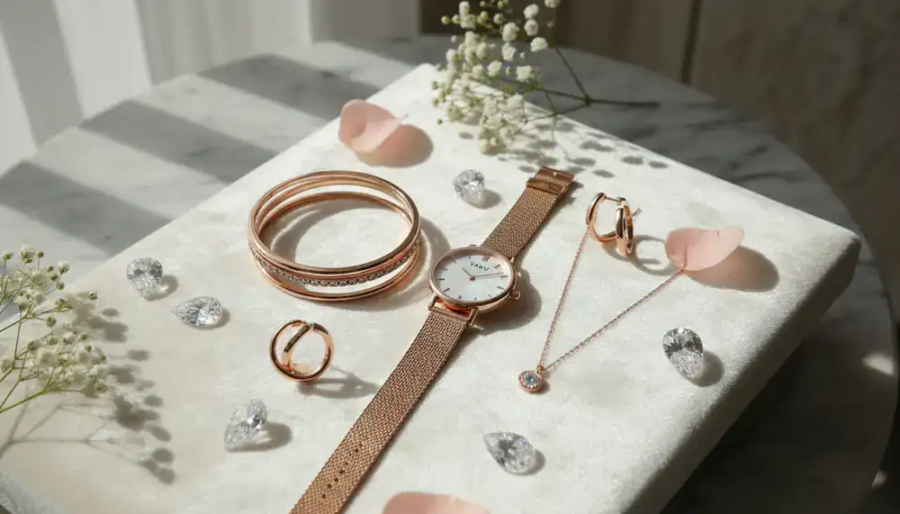 Elegant flat lay of Varu accessories showcasing rose gold pieces
