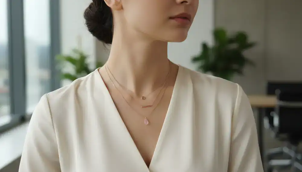 Model wearing delicate rose gold layered necklaces